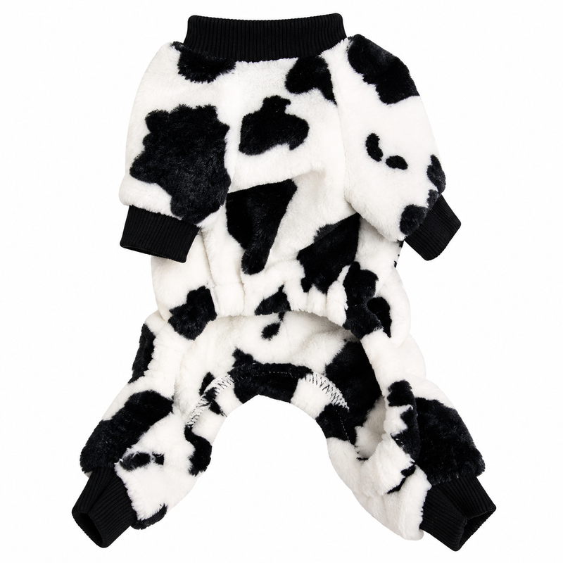 Cow Print Plush Dog Pajamas with Long Sleeves and Full Leg Coverage