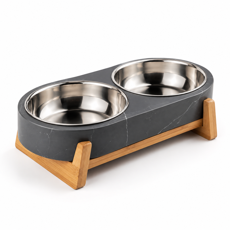 Elevated Double Pet Bowls with Stainless Steel Inserts and Wooden Stand