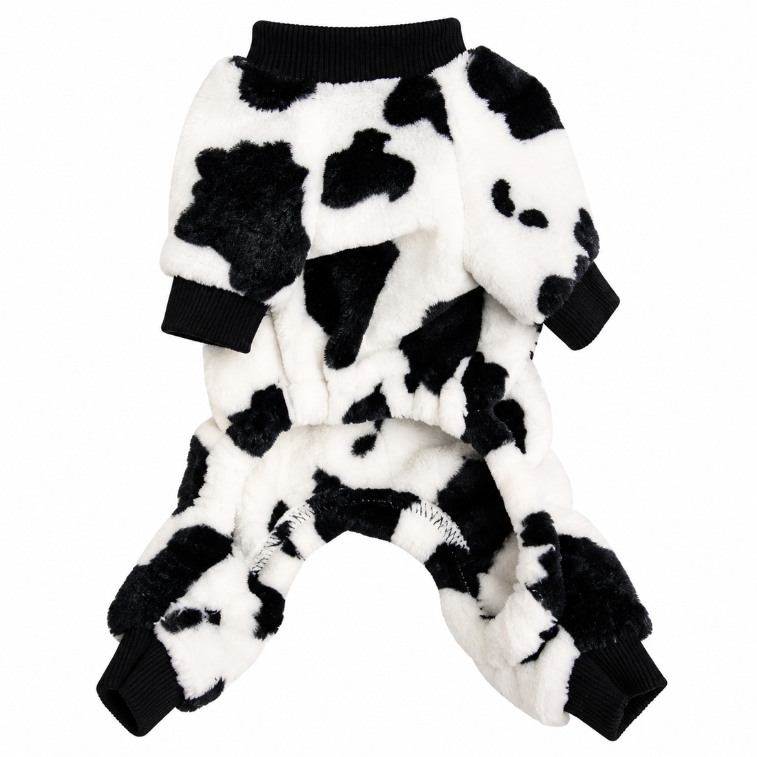Cow Print Plush Dog Pajamas with Long Sleeves and Full Leg Coverage