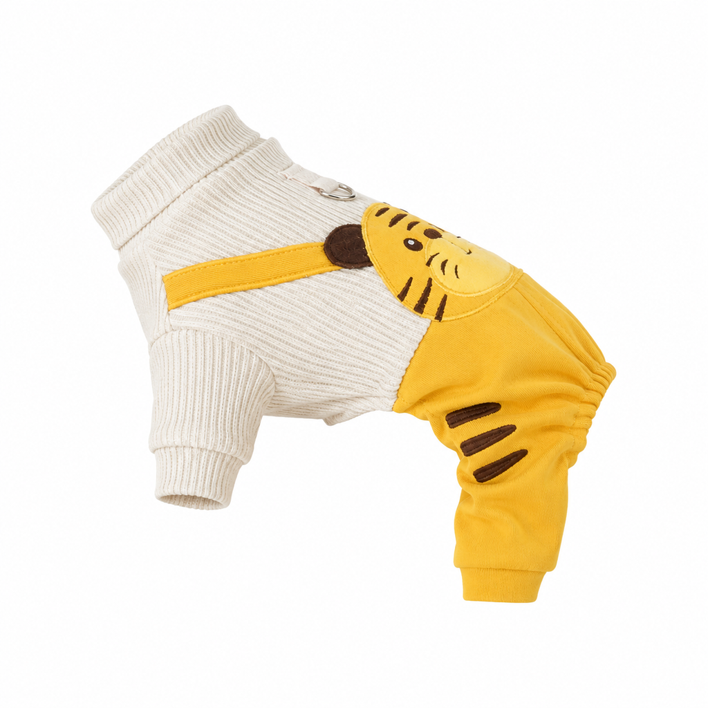 Tiger Print Knit Dog Jumpsuit with Full Leg Coverage and Leash Ring