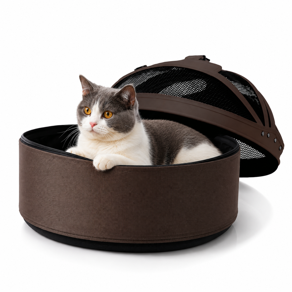 Portable Cat Carrier Bed with Breathable Mesh Dome, Round Travel Pet Carrier