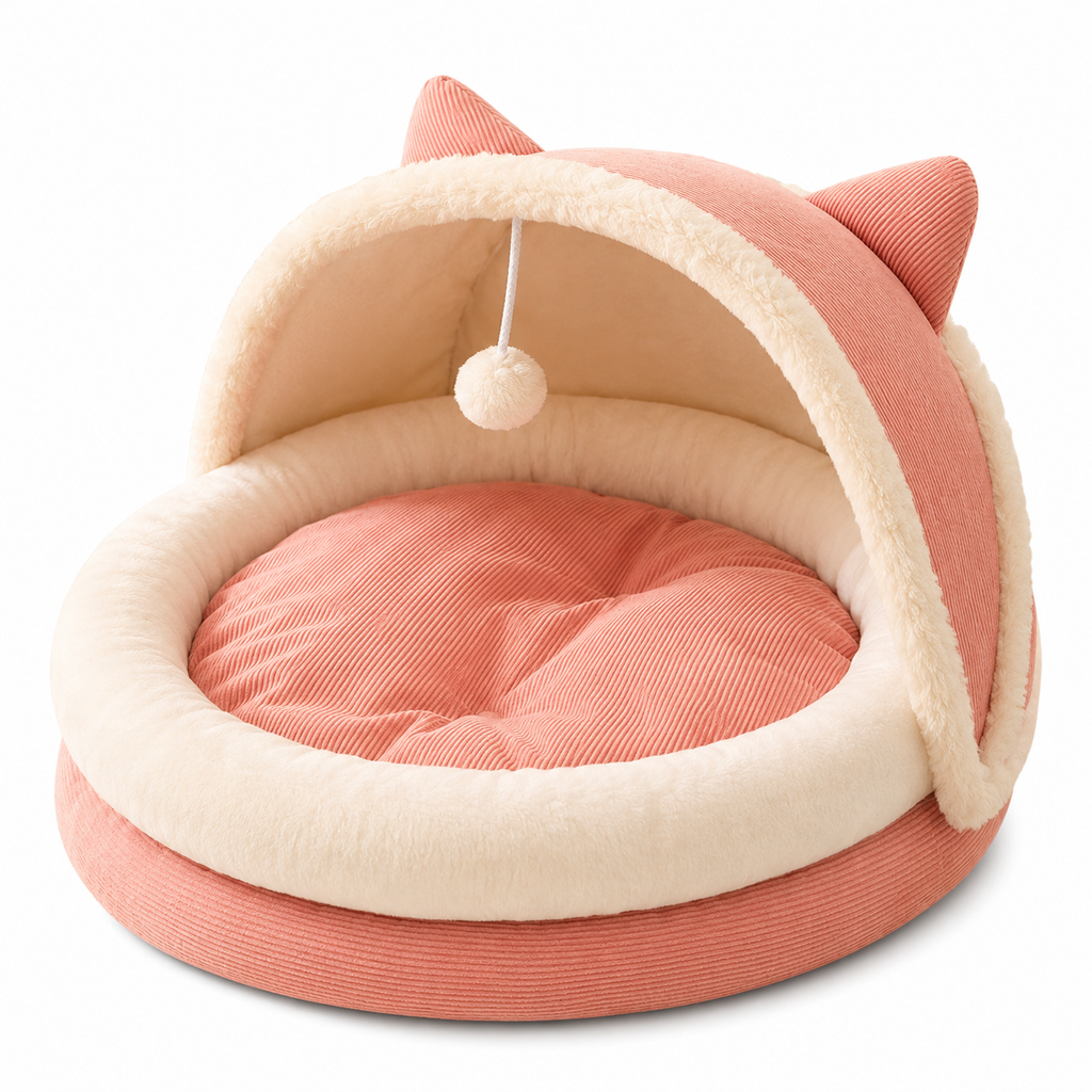 Soft Plush Cat Bed with Covered Hood, Cozy Cushion and Hanging Pom Pom Toy