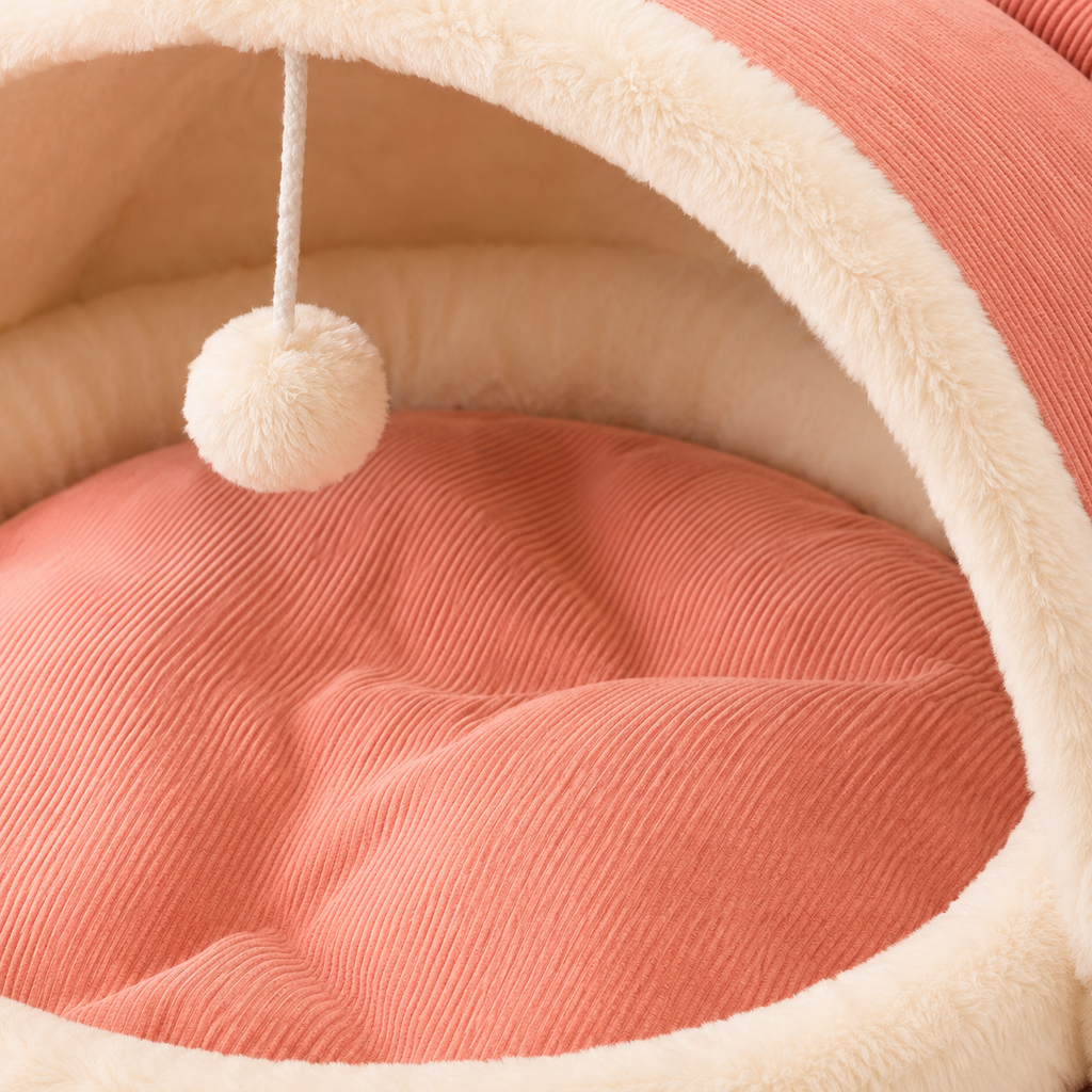 Soft Plush Cat Bed with Covered Hood, Cozy Cushion and Hanging Pom Pom Toy