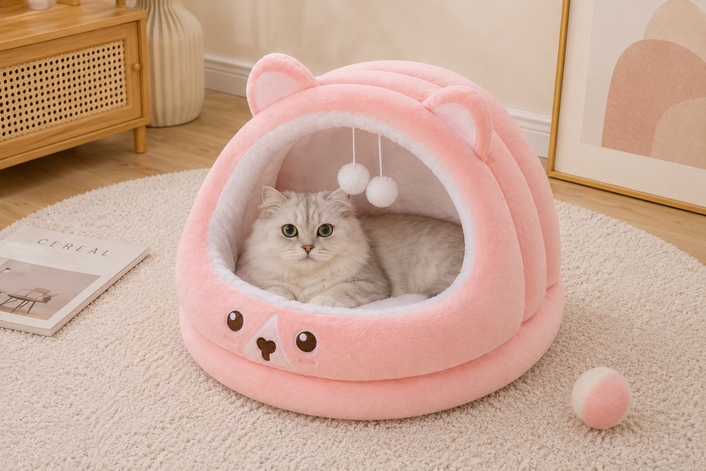 Soft Plush Cat Cave Bed with Bear Design, Cozy Interior and Hanging Pom Poms
