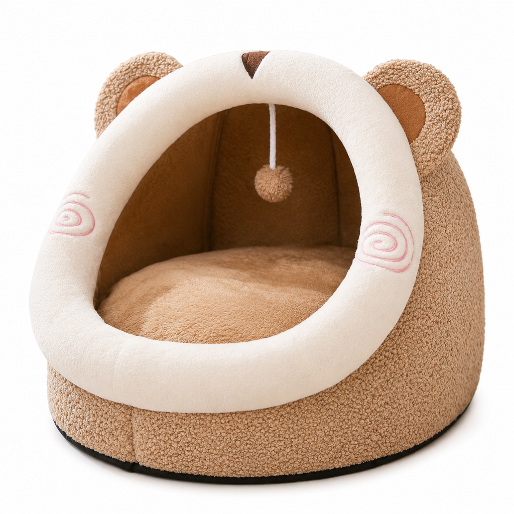 Plush Bear-Shaped Cat Bed with Cozy Enclosed Space and Hanging Toy