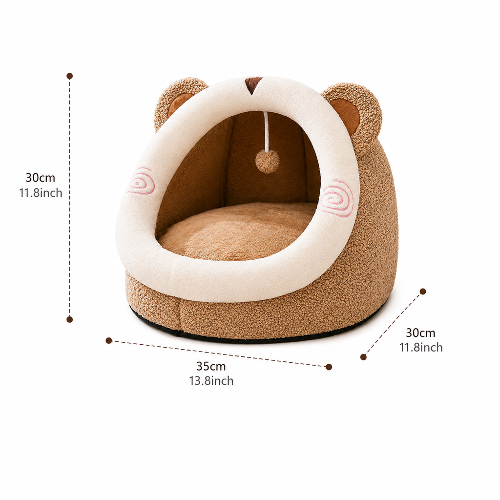Plush Bear-Shaped Cat Bed with Cozy Enclosed Space and Hanging Toy