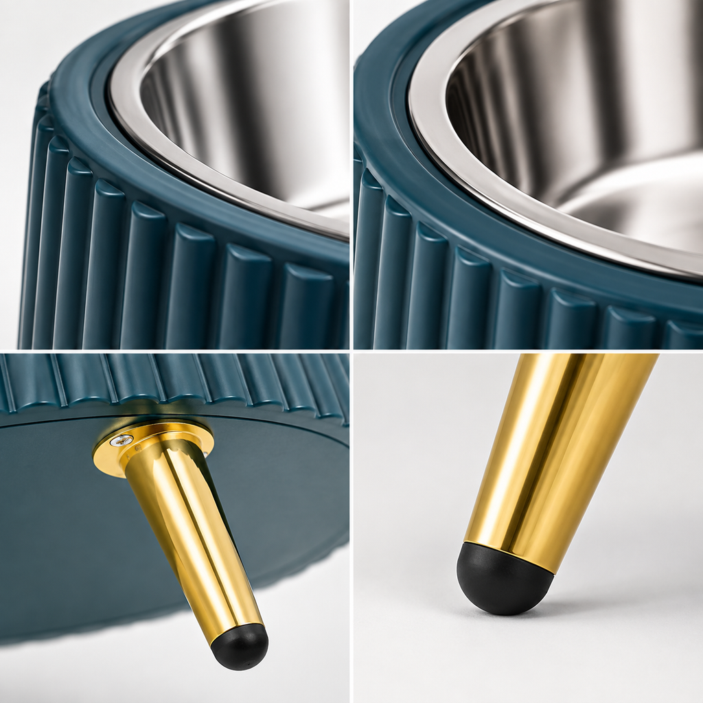 Elevated Stainless Steel Pet Bowl with Ribbed Teal Stand and Gold Legs