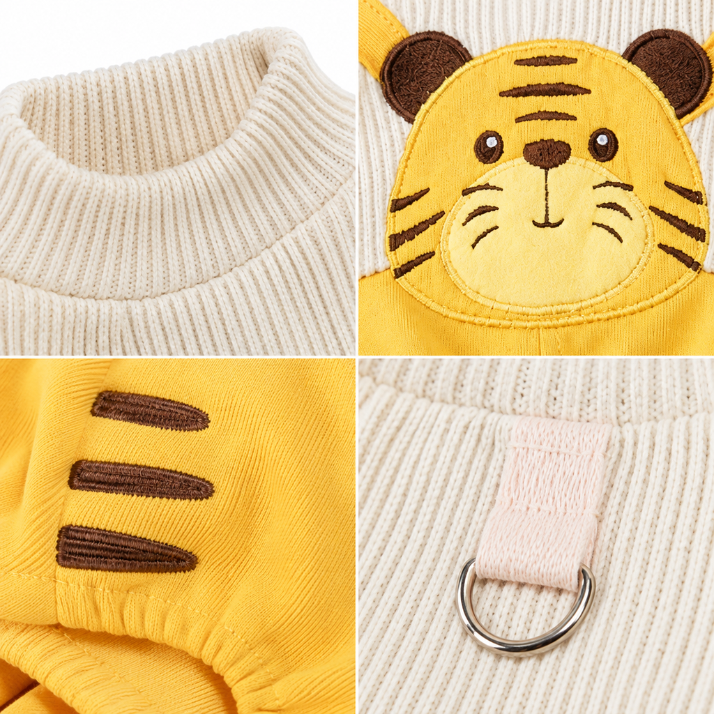 Tiger Print Knit Dog Jumpsuit with Full Leg Coverage and Leash Ring