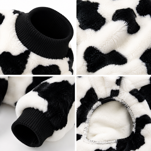 Cow Print Plush Dog Pajamas with Long Sleeves and Full Leg Coverage