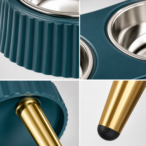 Elevated Double Pet Bowls with Stainless Steel Bowls and Teal Stand