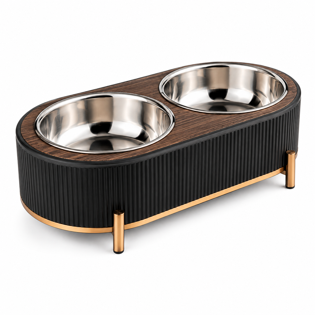 Modern Elevated Double Pet Bowls with Stainless Steel Inserts and Wood-Look Stand