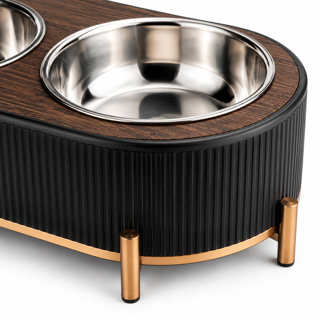 Modern Elevated Double Pet Bowls with Stainless Steel Inserts and Wood-Look Stand
