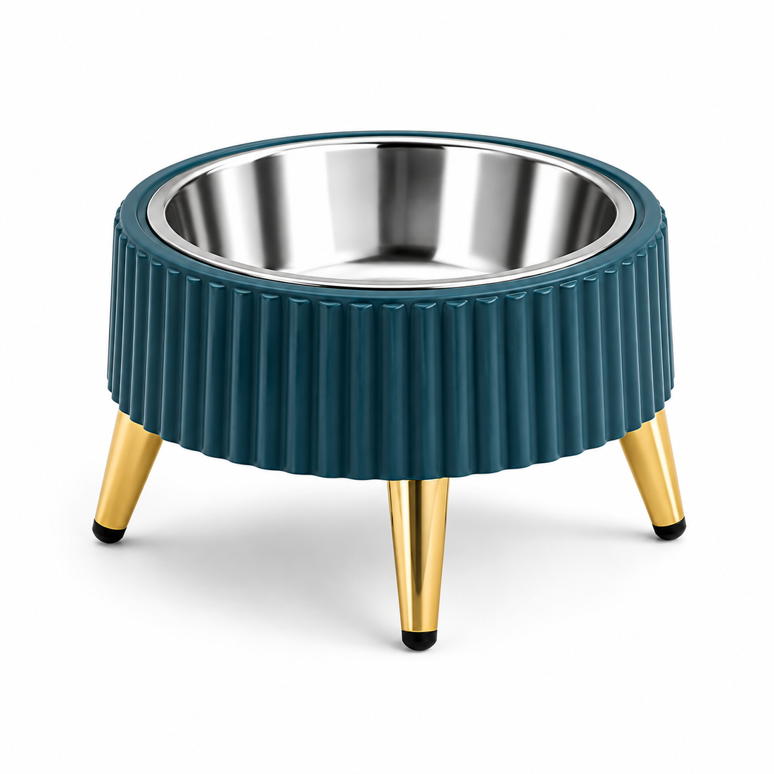 Elevated Stainless Steel Pet Bowl with Ribbed Teal Stand and Gold Legs