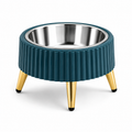 Elevated Stainless Steel Pet Bowl with Ribbed Teal Stand and Gold Legs