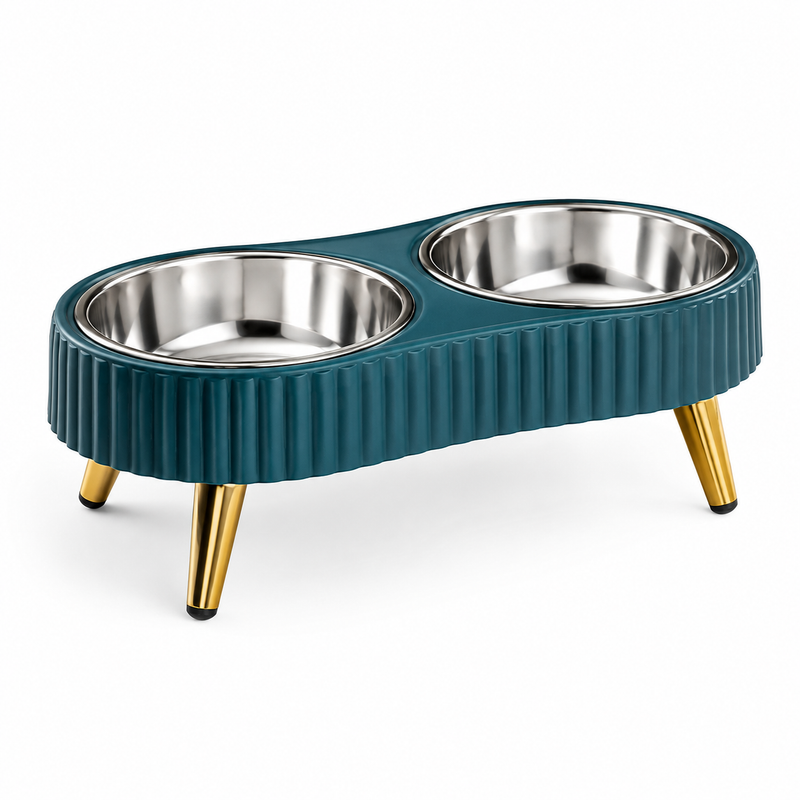 Elevated Double Pet Bowls with Stainless Steel Bowls and Teal Stand