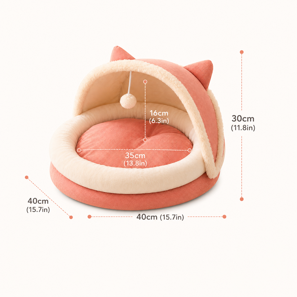 Soft Plush Cat Bed with Covered Hood, Cozy Cushion and Hanging Pom Pom Toy
