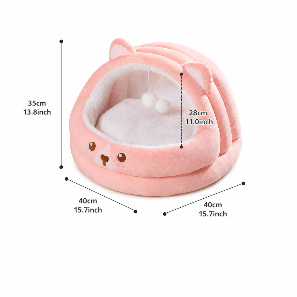 Soft Plush Cat Cave Bed with Bear Design, Cozy Interior and Hanging Pom Poms
