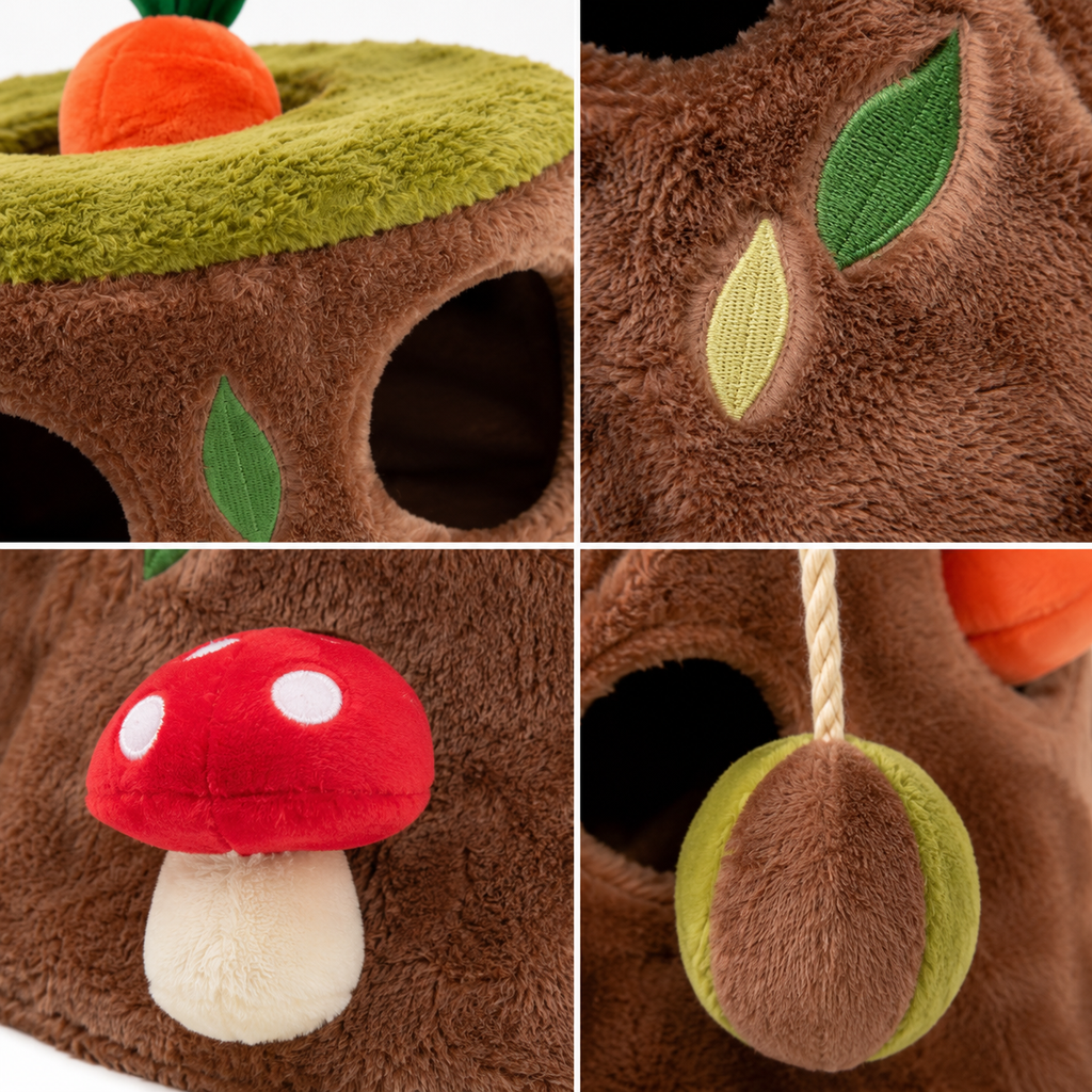 Interactive Plush Tree Stump Cat Toy with Carrot Pockets, Hanging Ball and Hide-and-Seek Design