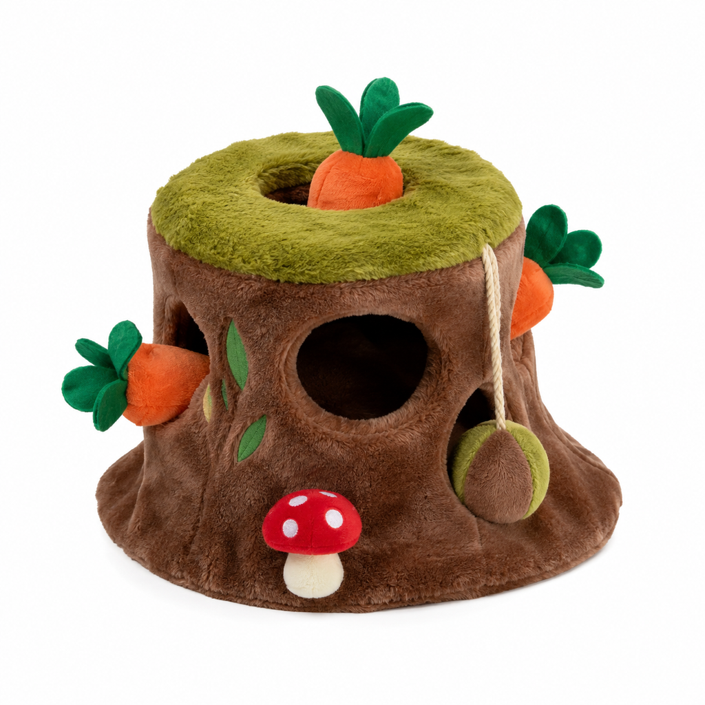 Interactive Plush Tree Stump Cat Toy with Carrot Pockets, Hanging Ball and Hide-and-Seek Design