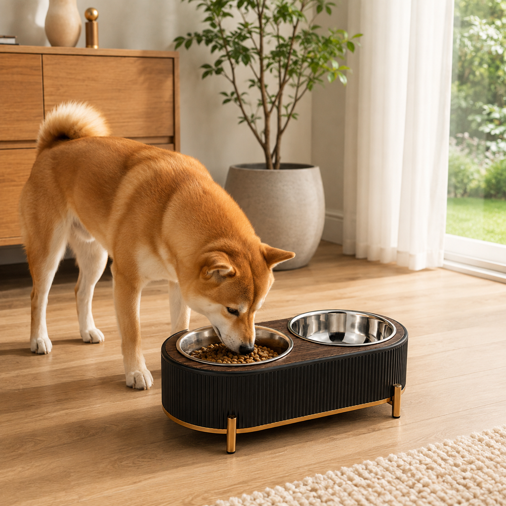 Modern Elevated Double Pet Bowls with Stainless Steel Inserts and Wood-Look Stand