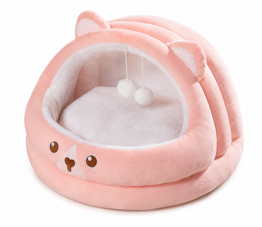 Soft Plush Cat Cave Bed with Bear Design, Cozy Interior and Hanging Pom Poms