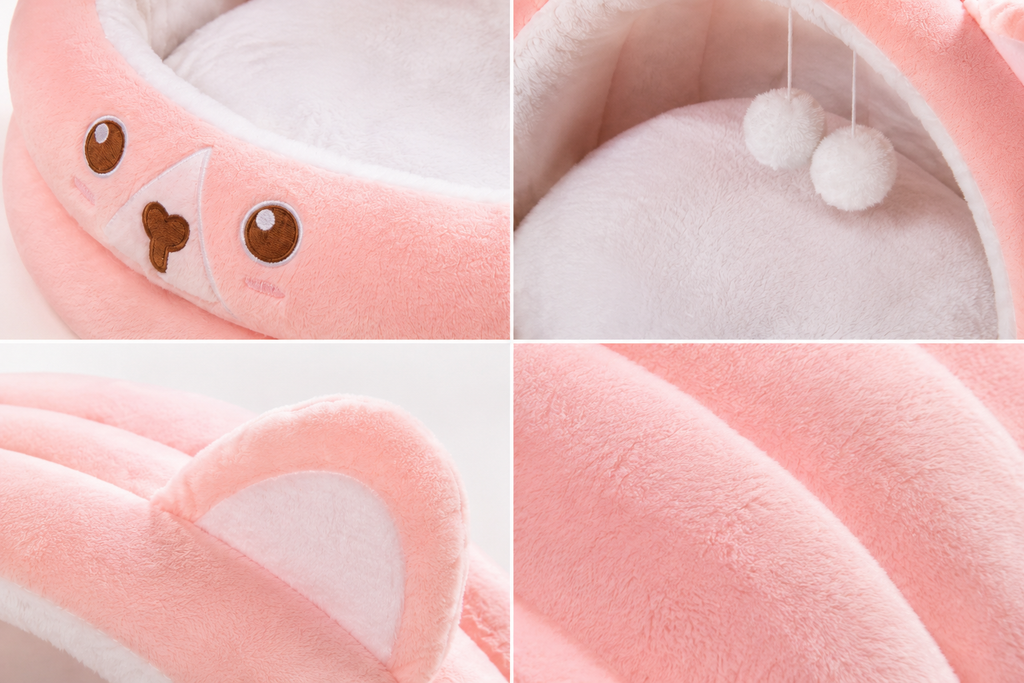 Soft Plush Cat Cave Bed with Bear Design, Cozy Interior and Hanging Pom Poms