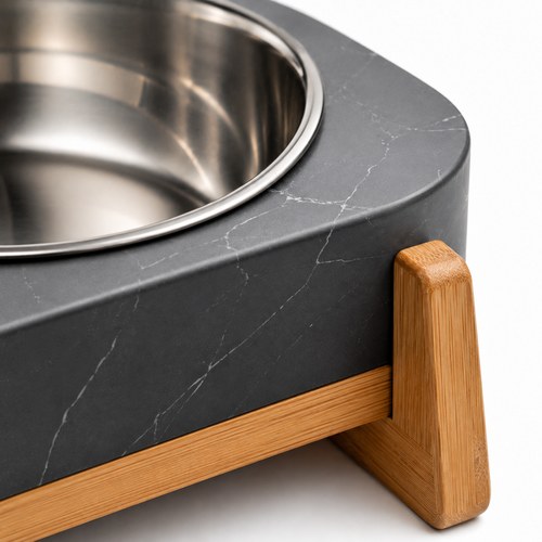 Elevated Double Pet Bowls with Stainless Steel Inserts and Wooden Stand
